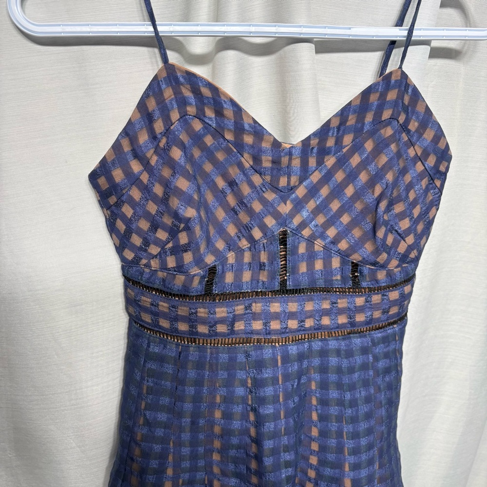 Roselani Navy Blue Tan Gingham Plaid Ladder Lace Cutout Midi Dress Size S Boho - Picture 6 of 12